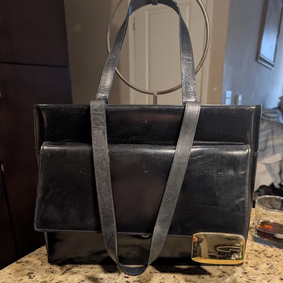 Gucci Vintage Black Leather Handbag Tote with Gold Accent. *Rehab* - Picture 1 of 10